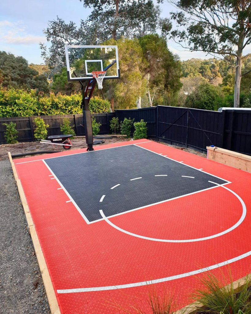 Driveway Red — Backyard half-court · red & charcoal