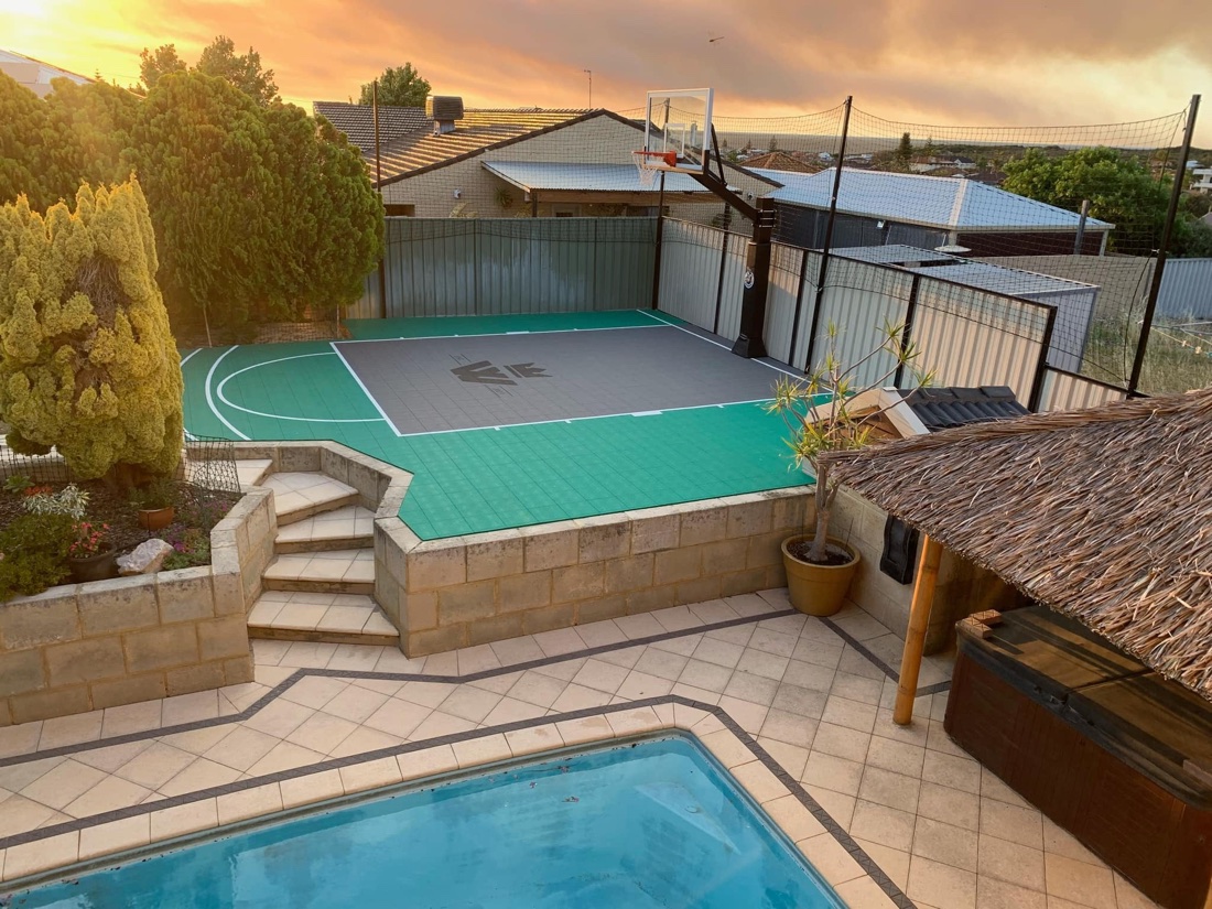 Sunset Slam — Poolside basketball half-court · green & grey