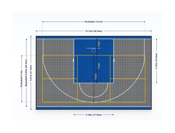 Dimensioned plan of the compact multi-sport court