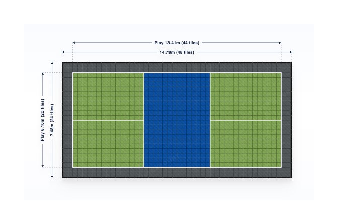 Dimensioned plan of the pickleball court with run-off border