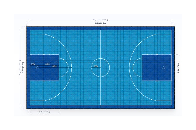 Dimensioned plan of the full basketball court