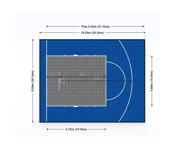 Dimensioned plan of the 3-Point Half Court showing play surface vs total size